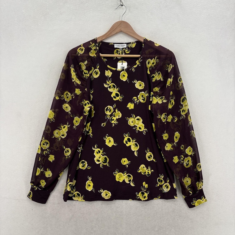 Calvin Klein Blouse Womens Small Purple Floral Sheer Sleeve Jersey Top Career